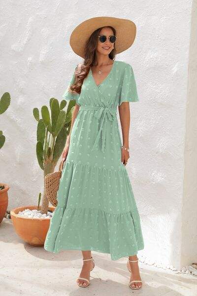 Swiss Dot Tied Surplice Short Sleeve Dress - Trendsi - Flyclothing LLC