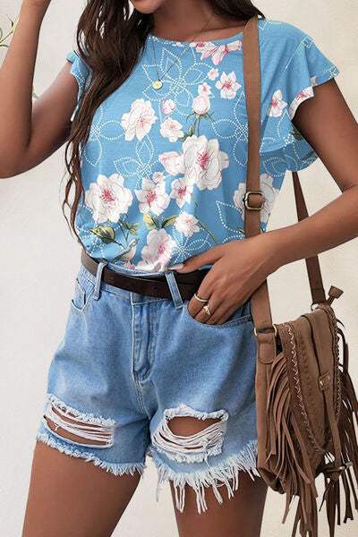 Printed Round Neck Short Sleeve T-Shirt - Trendsi - Flyclothing LLC