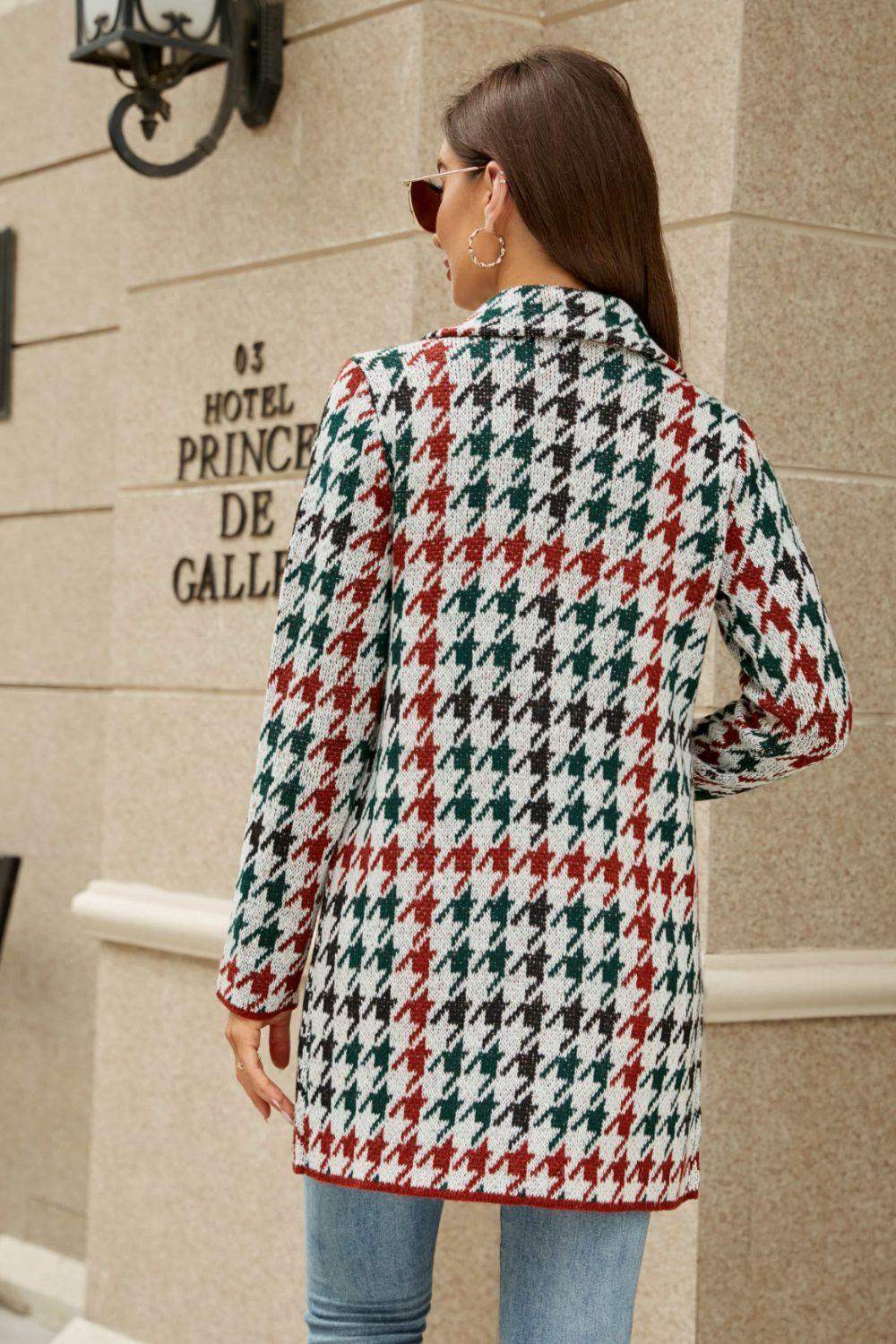 Printed Open Front Lapel Collar Cardigan with Pockets - Trendsi - Flyclothing LLC