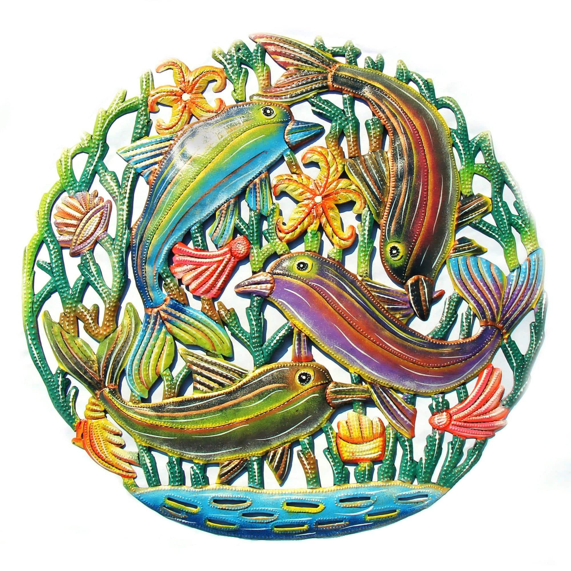 Coastal Playful Dolphins Haitian Metal Drum Wall Art - Haitian Artisans