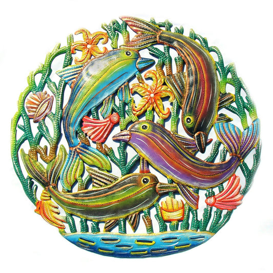 Coastal Playful Dolphins Haitian Metal Drum Wall Art - Haitian Artisans