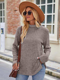 Ribbed Turtleneck Long Sleeve Slit Knit Top - Trendsi - Flyclothing LLC
