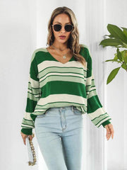 Striped V-Neck Long Sleeve Knit Top - Flyclothing LLC
