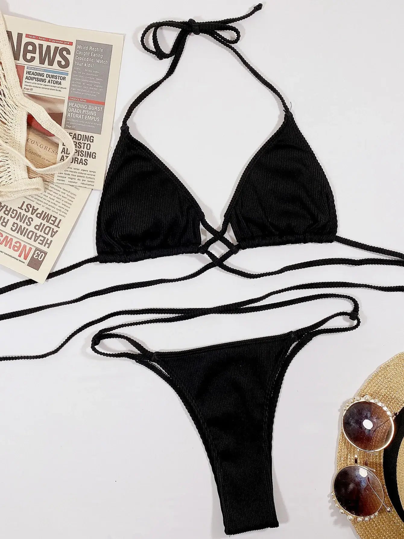 Halter Neck Crisscross Ribbed Bikini Set - Trendsi - Flyclothing LLC
