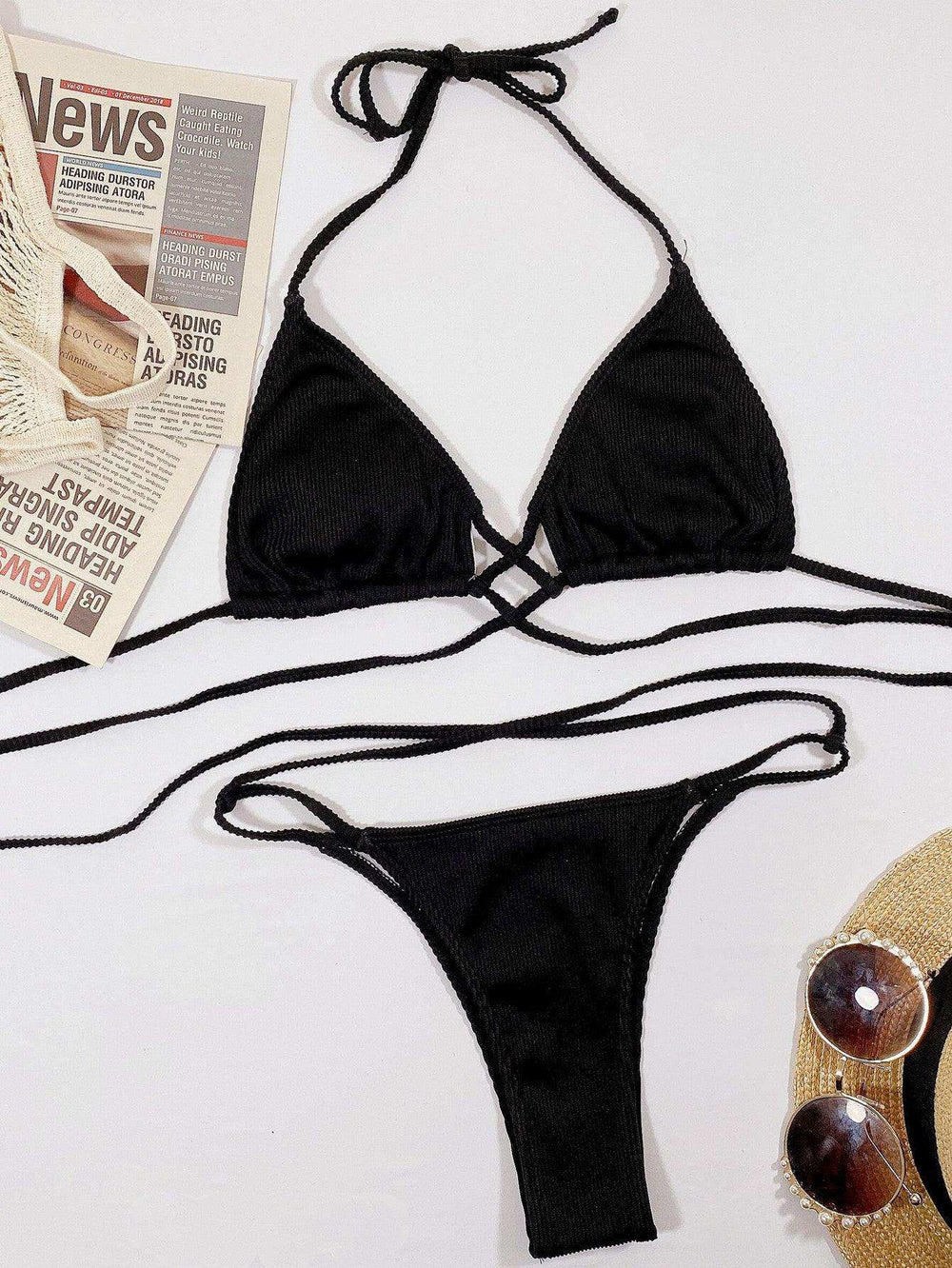 Halter Neck Crisscross Ribbed Bikini Set - Trendsi - Flyclothing LLC