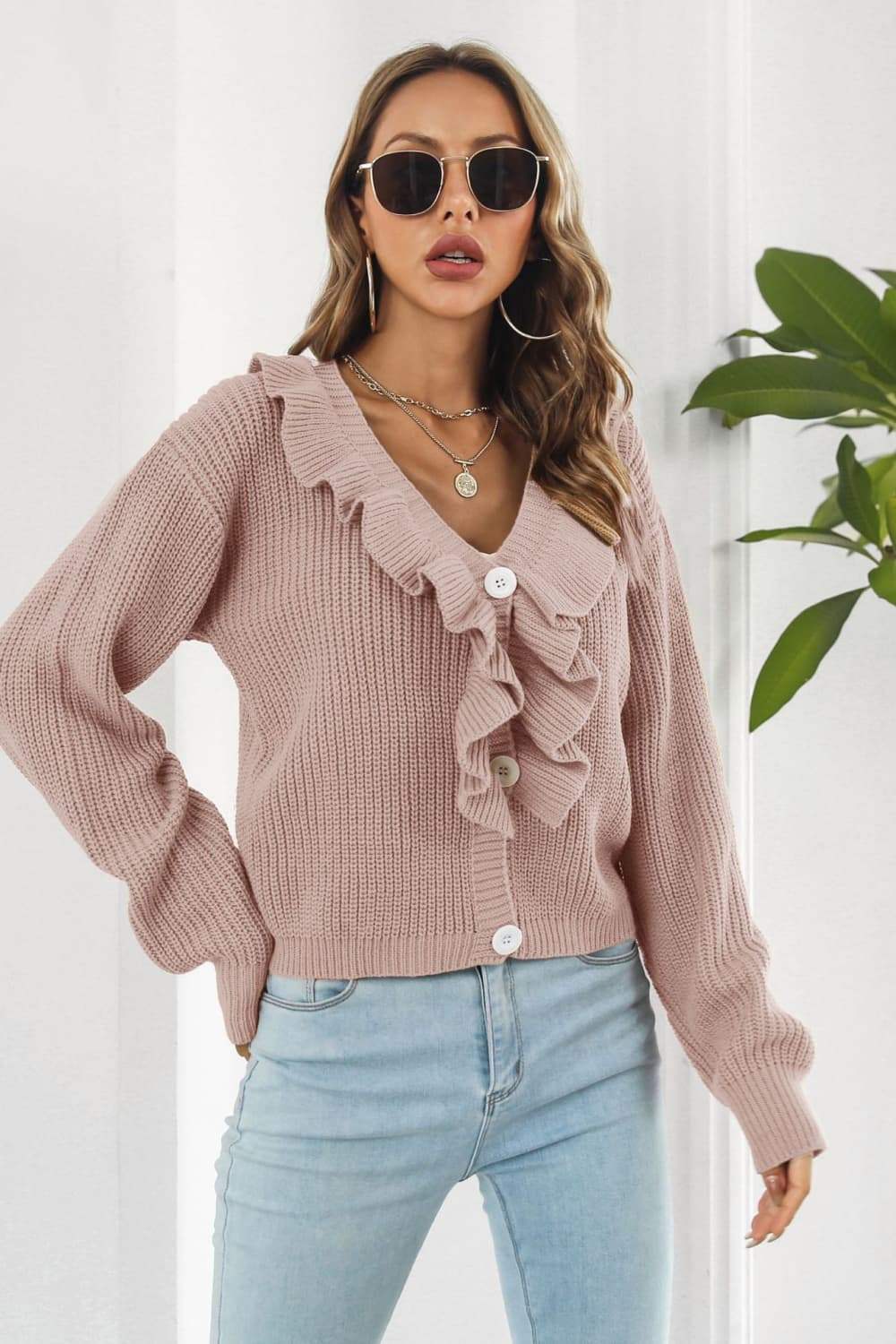Ruffle Trim Button-Down Dropped Shoulder Sweater - Trendsi - Flyclothing LLC
