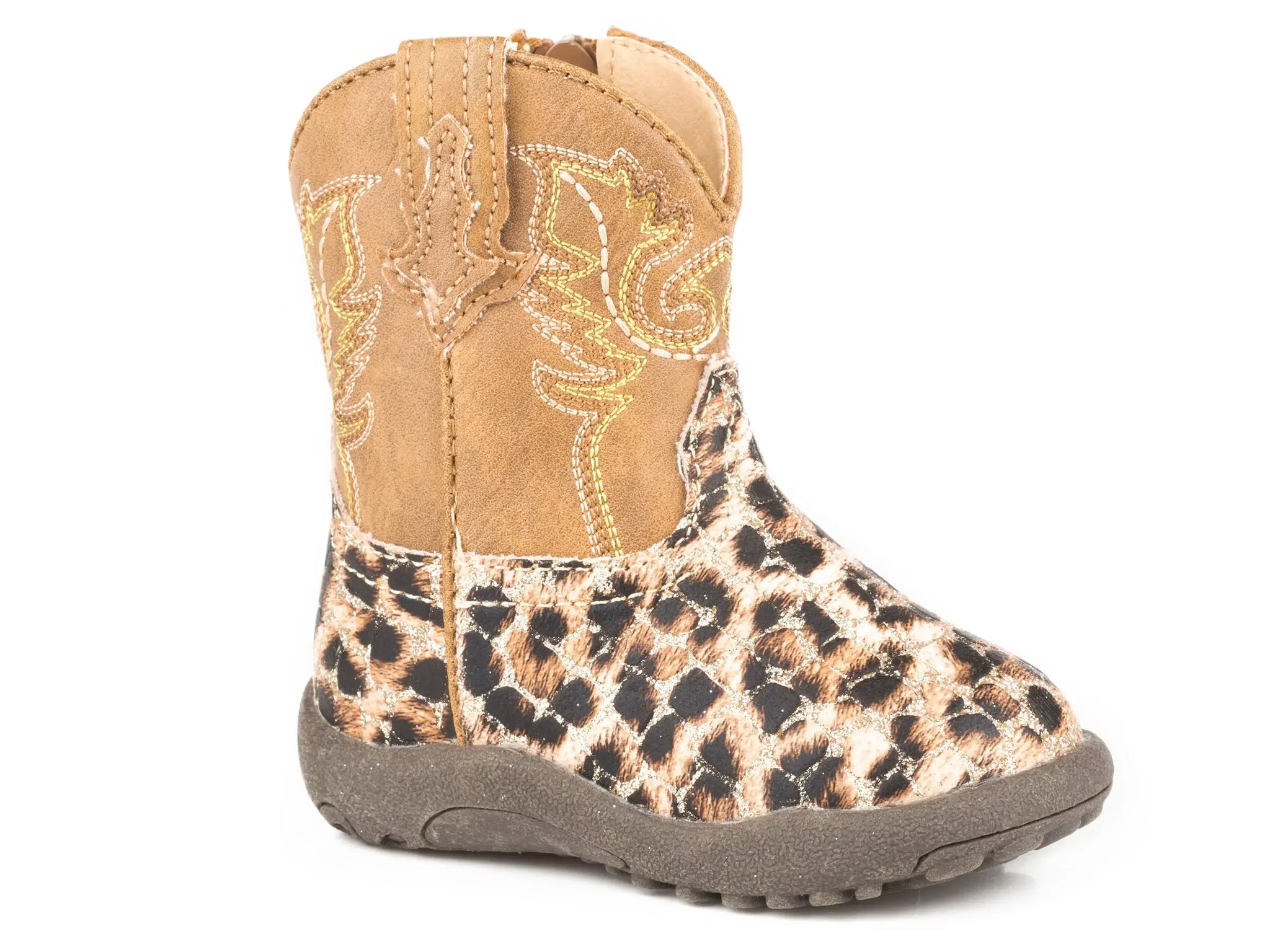 Roper Infant Girls Gold Glitter And Leopard Faux Leather Vamp With Tan Shaft Cowbaby - Roper - Flyclothing LLC