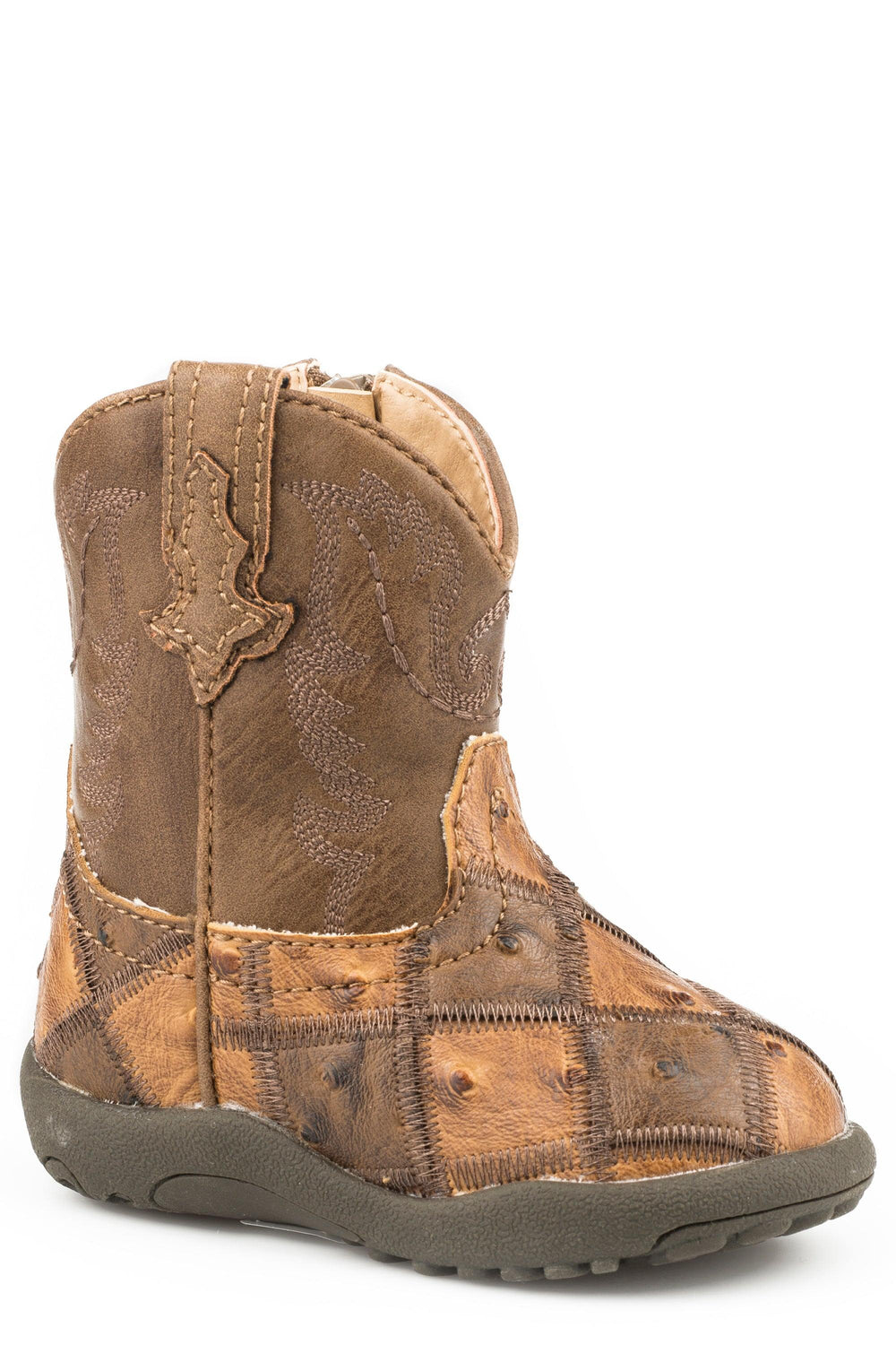 Roper Infant Girls Tan Brown Patchwork Faux Ostrich Vamp Cowbaby - Roper