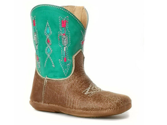 Roper Infant Girls Tan Leather Vamp With Embroidered Arrow Design On Turquoise Shaft - Roper