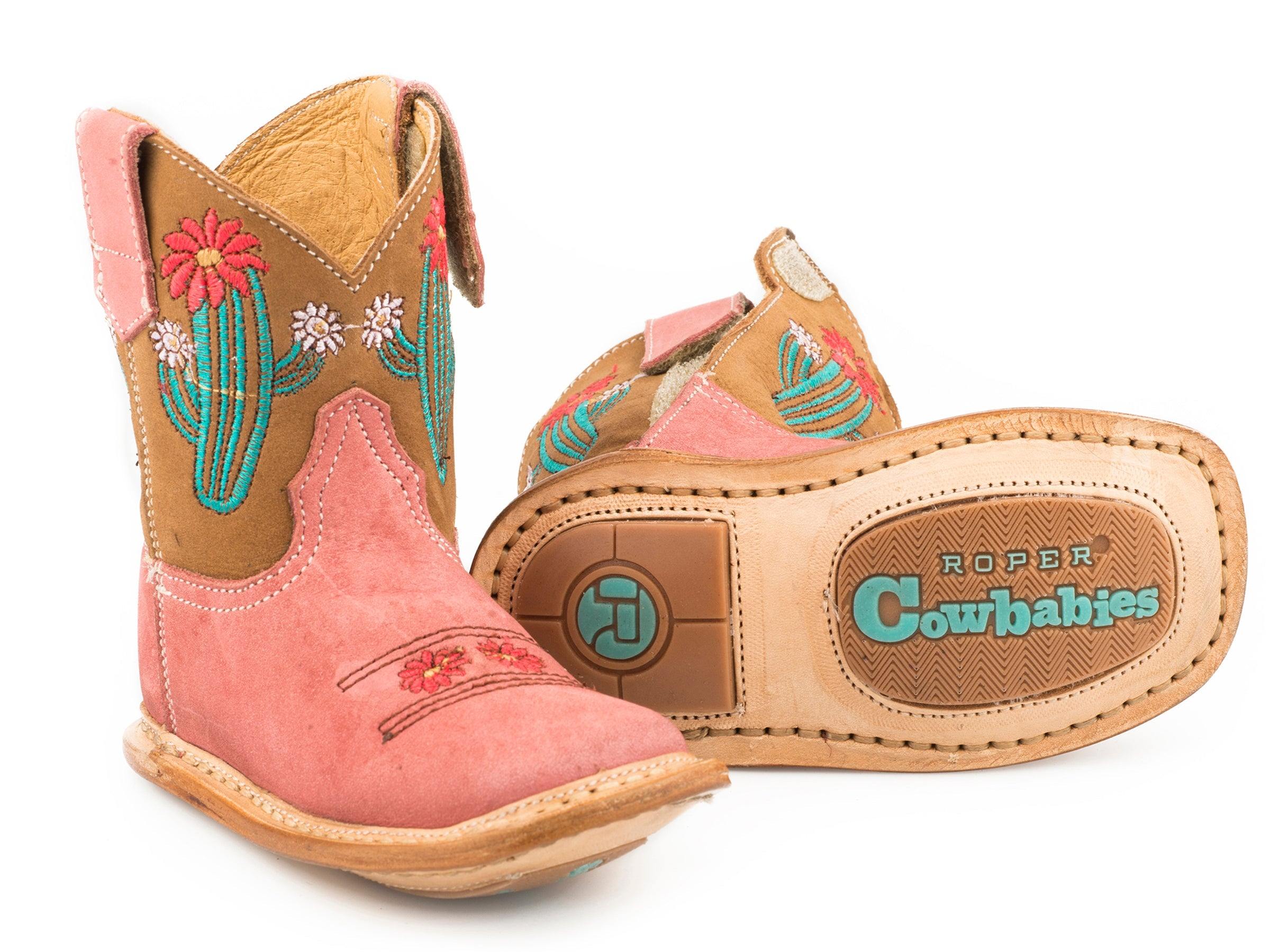 Roper Infant Girls Pink Leather Vamp And Brown Upper With Cactus Embroidery - Roper