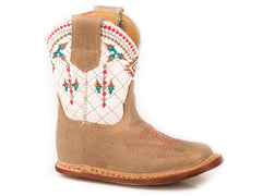 Roper Infant Girls Tan Leather Vamp With Embroidered Native Design On White Shaft - Roper