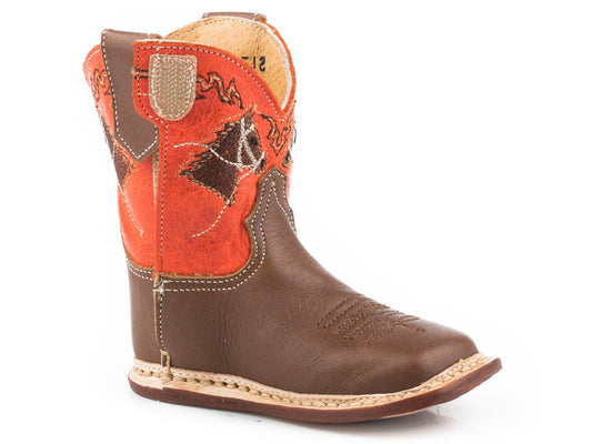 Roper Infant Boys Burnish Tan Leather Vamp Boot Neon Orange - Roper