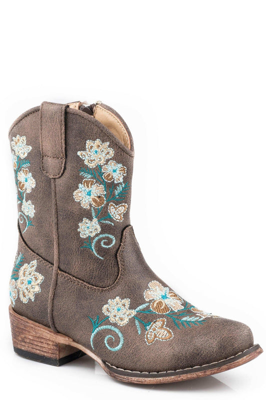 Roper Toddler Girls Vintage Brown Faux Leather Boot With Floral Embroidery Vamp Shaft - Roper - Flyclothing LLC