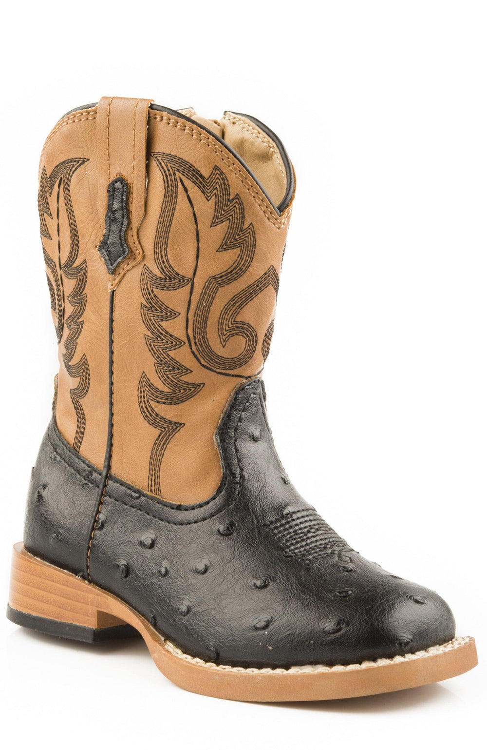 Roper Boys Toddler Black Faux Ostrich Vamp Tan Shaft - Roper