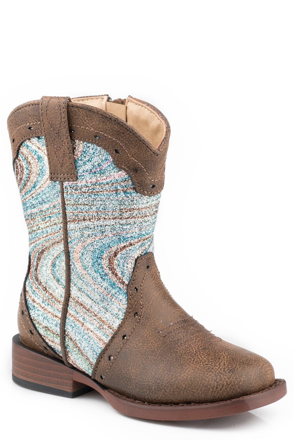 Roper Toddler Girls Brown Faux Leather Vamp Boot With Blue Swirly Glitter Shaft - Roper