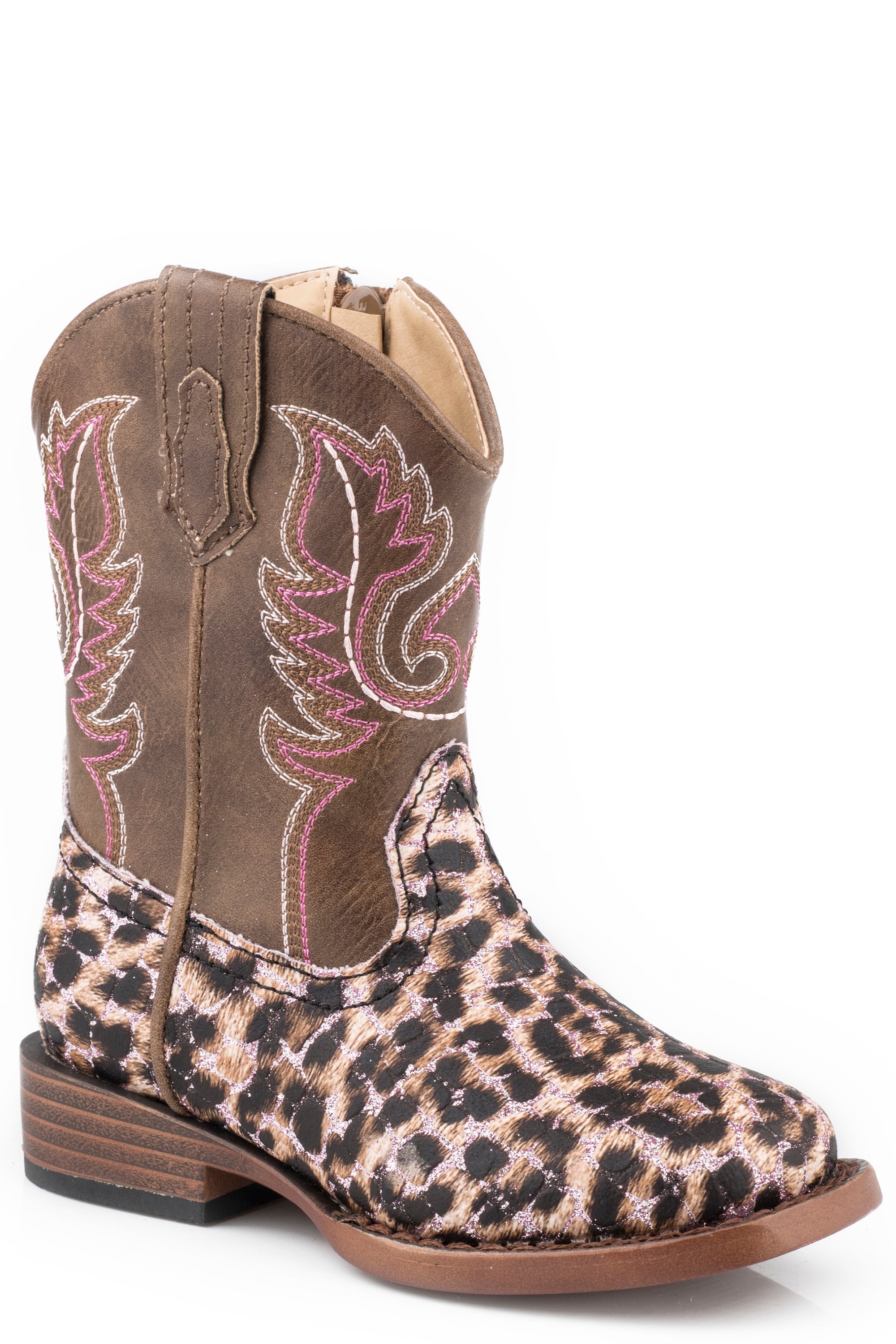Roper Toddler Girls Pink Glitter And Leopard Faux Leather Vamp Boot With Brown Shaft