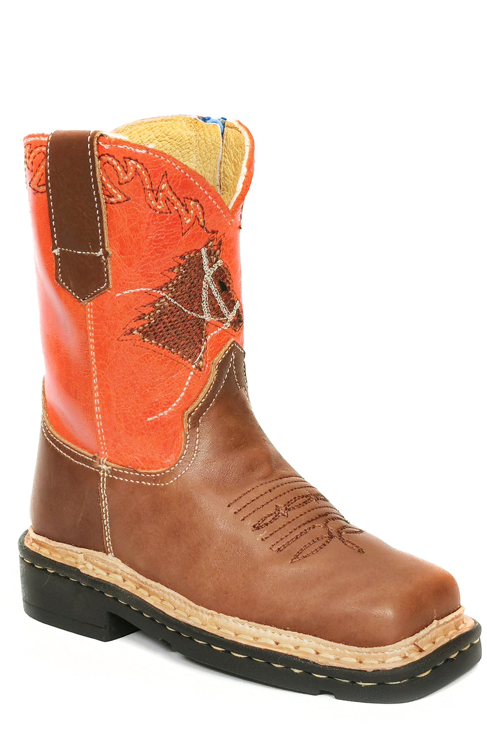 Roper Boys Toddler Burnish Tan Leather Vamp Boot Neon Orange - Roper