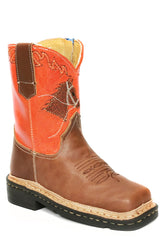 Roper Boys Toddler Burnish Tan Leather Vamp Boot Neon Orange - Roper