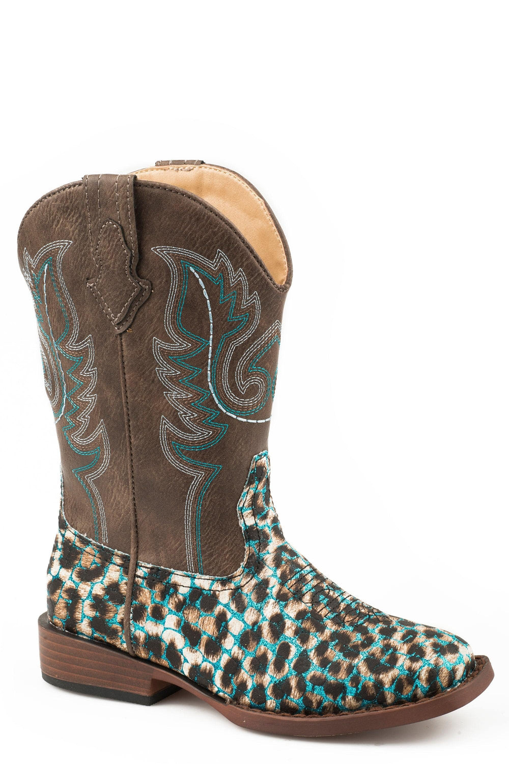 Roper Little Girls Turquoise Glitter Leopard Print Vamp  Boot With Brown Shaft - Roper