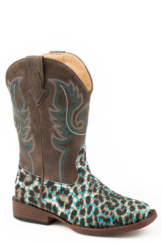 Roper Little Girls Turquoise Glitter Leopard Print Vamp Boot With Brown Shaft - Roper - Flyclothing LLC