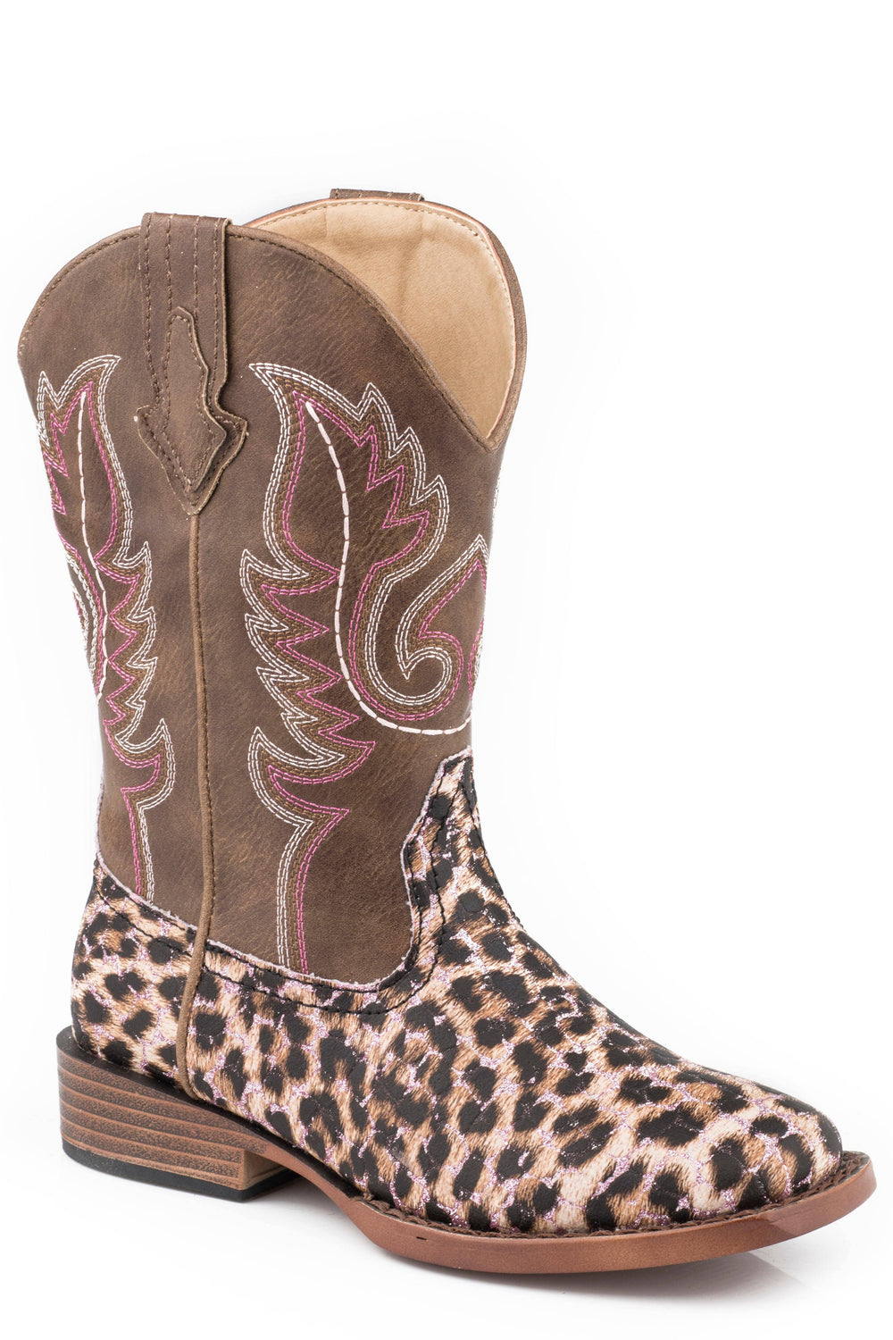 Roper Little Girls Pink Glitter And Leopard Faux Leather Vamp Boot With Brown Shaft - Roper