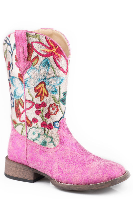 Roper Little Girls Metallic Pink Vamp Boot With Multi Metallic Floral Shaft - Roper