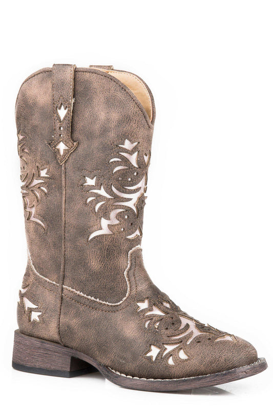 Roper Little Girls Vintage Brown Vamp Shaft Boot With Silver Metallic Underlay - Roper - Flyclothing LLC
