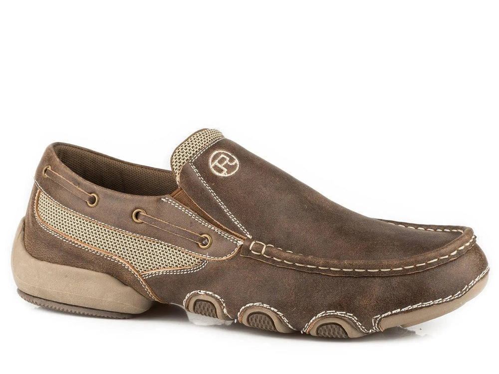 Roper Mens Driving Moc Slip On Boat Shoe Twin Gore Brown Vintage Leather - Roper