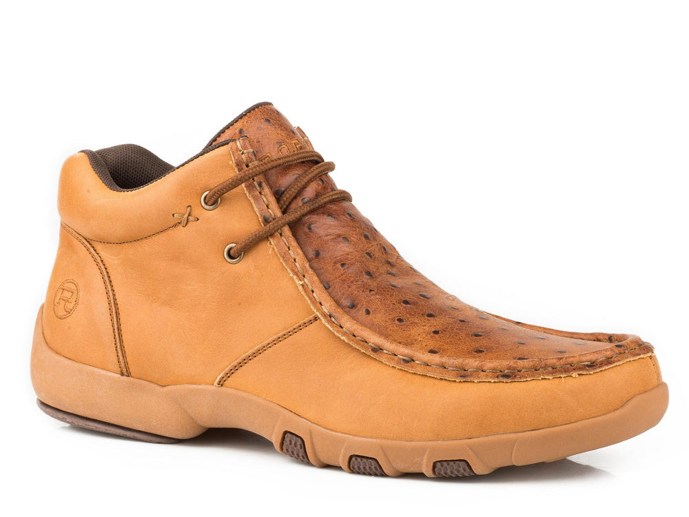 Roper Mens Driving Moc Chukka Tan Vintage Leather Leather Embossed Ostrich 2 Eyelet Lace Up - Roper