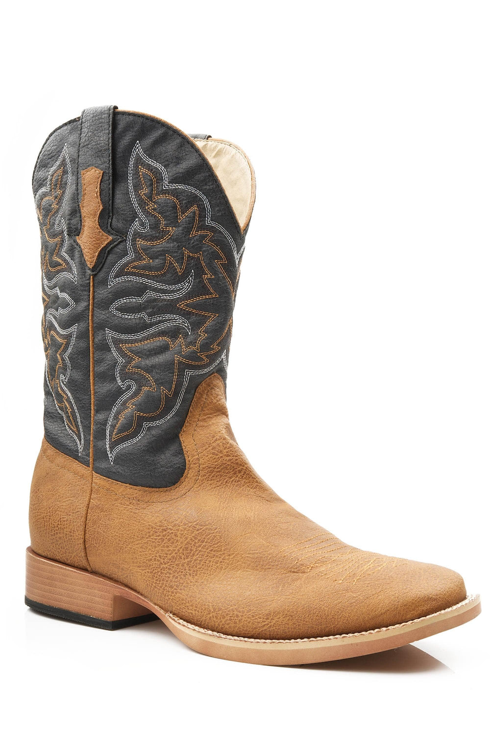 Roper Mens Cowboy Boot Faux Leather Tan Tumbled Vamp With Navy Stitched Upper - Roper