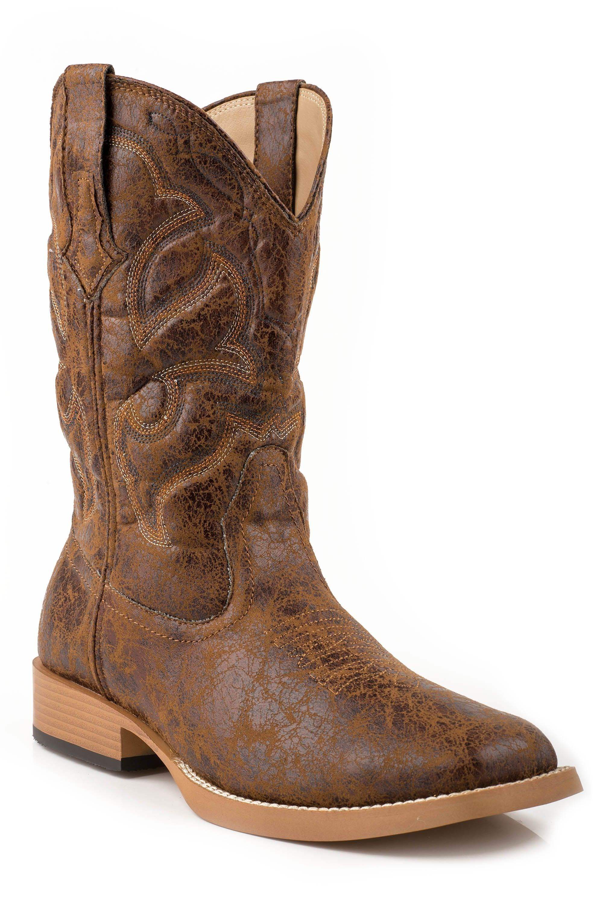 ROPER MENS COWBOY BOOT VINTAGE FAUX LEATHER BROWN VAMP WITH BROWN STITCHED UPPER - Roper - Flyclothing LLC