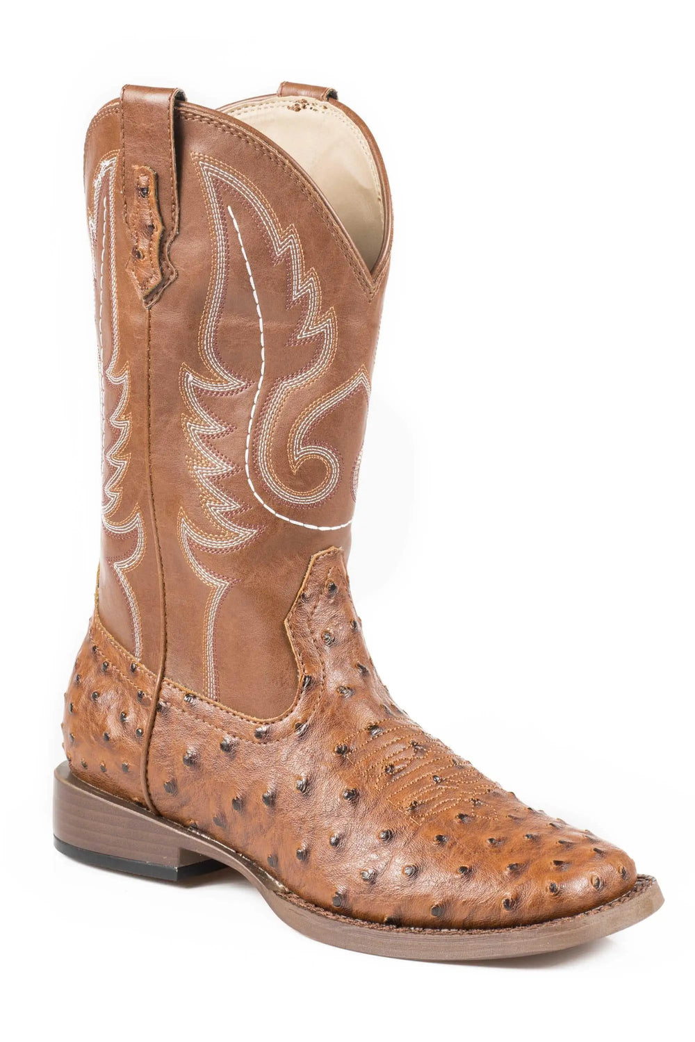 Roper Mens Cowboy Boot Faux Tan Ostrich Leather Vamp With Tan Stitched Upper - Roper