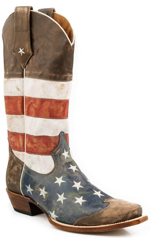 Roper Mens Leather Cowboy Boot American Flag Distressed Brown With Red White And Blue Snip - Roper