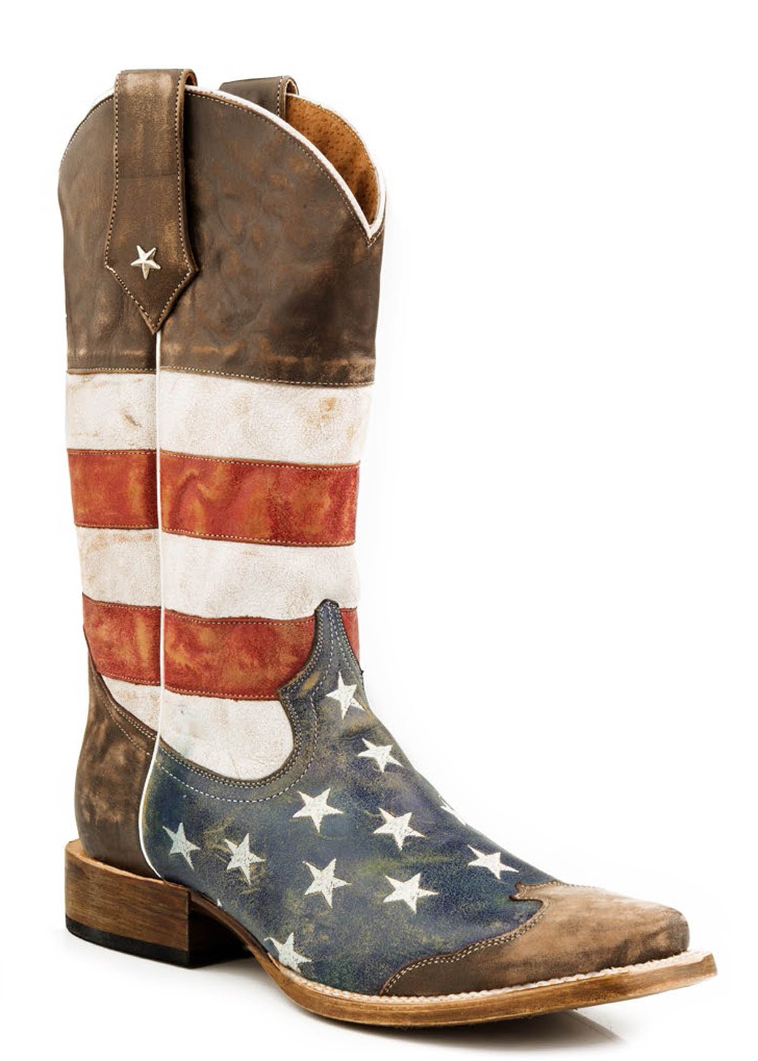 Roper Mens Leather Cowboy Boot American Flag Distressed Brown With Red White And Blue Square