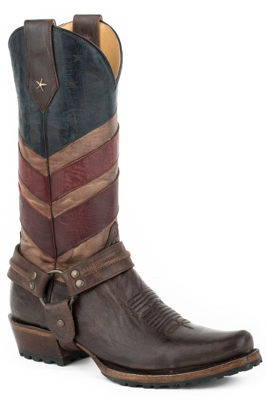 Roper Mens Leather Cowboy Boot Vintage American Flag Upper Waxy Brown Vamp With Harness And Lug Sole - Roper