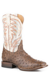 Roper Mens Embossed Vintage Tan Ostrich Vamp Square Toe Boot With White Leather Shaft