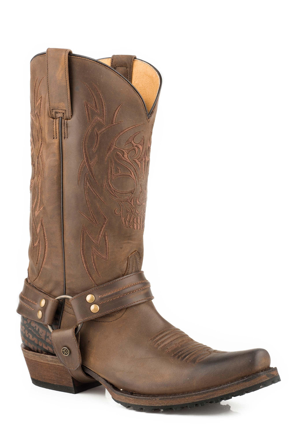 Roper Mens Leather Harness Boot Oiled Brown Vamp Embossed Bull Shoulder Heel Oiled Brown Upper With Embroidered Skull And Lug Sole - Roper