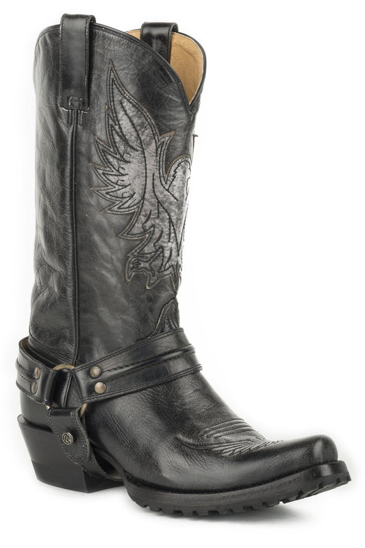 ROPER MENS LEATHER HARNESS BOOT ALL BLACK POLISHABLE WITH EAGLE OVERLAY ON UPPER AND LUG SOLE - Roper