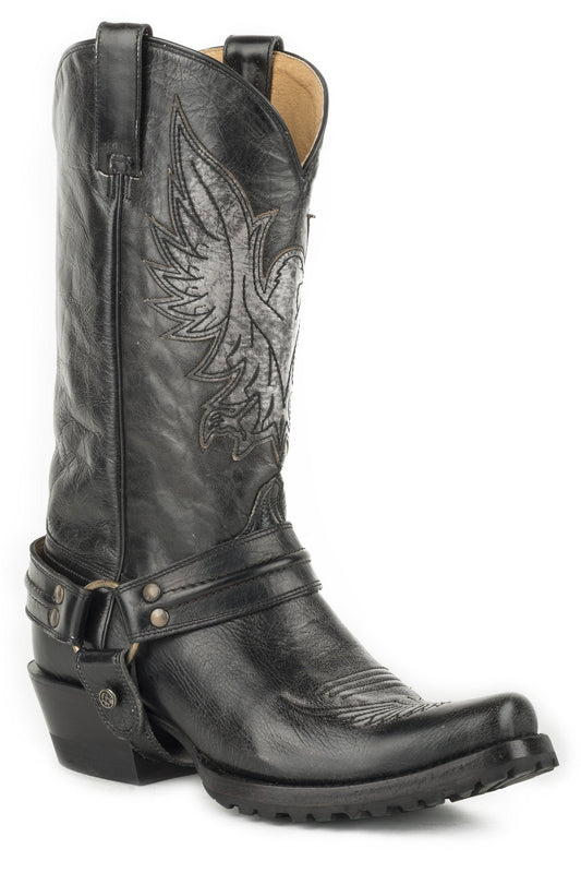 ROPER MENS LEATHER HARNESS BOOT ALL BLACK POLISHABLE WITH EAGLE OVERLAY ON UPPER AND LUG SOLE - Flyclothing LLC