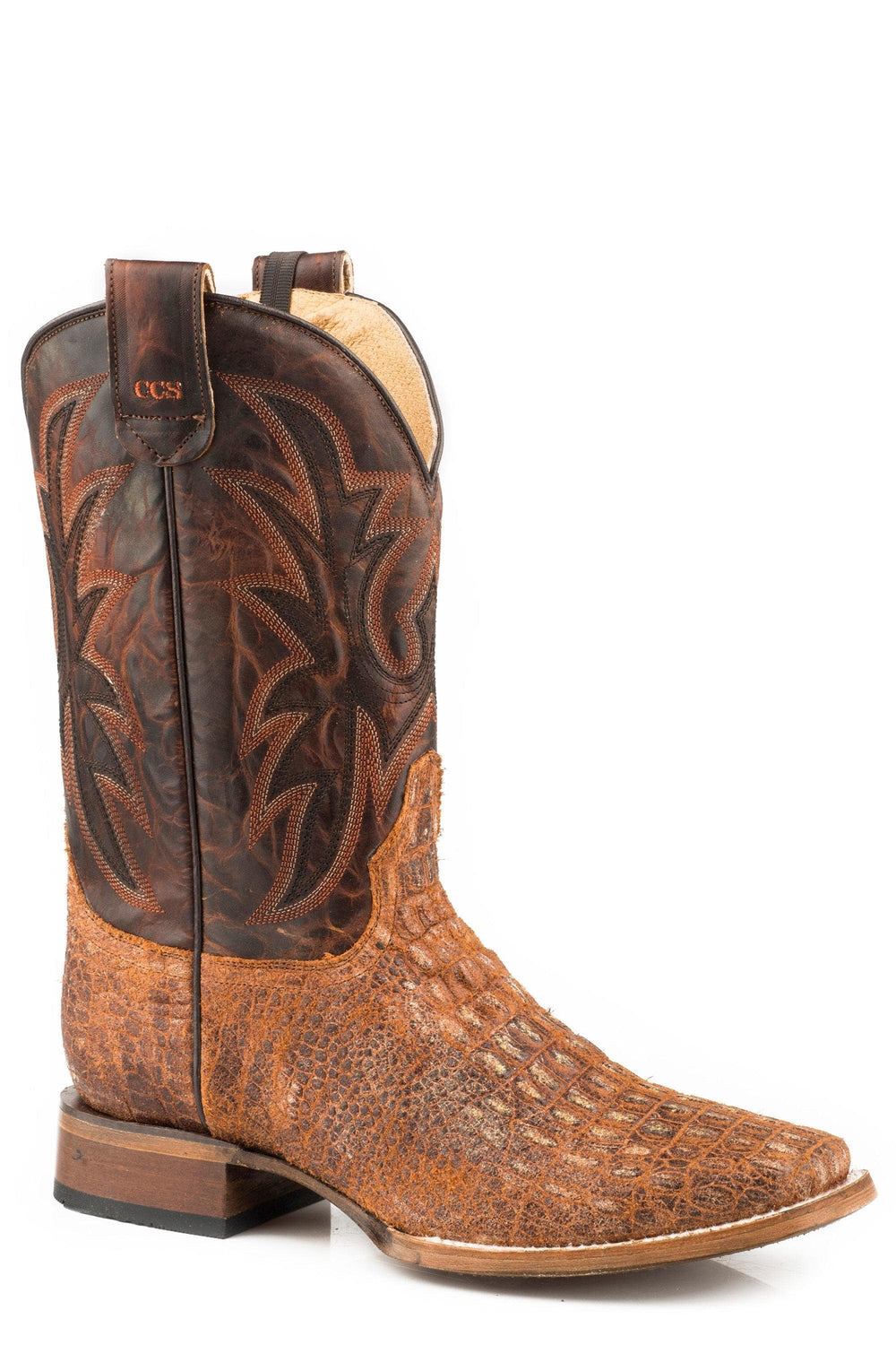 Roper Mens Leather Concealed Carry Boot Distressed Cognac Embossed Caiman Vamp With Burnished Brown Embroidered Upper - Roper