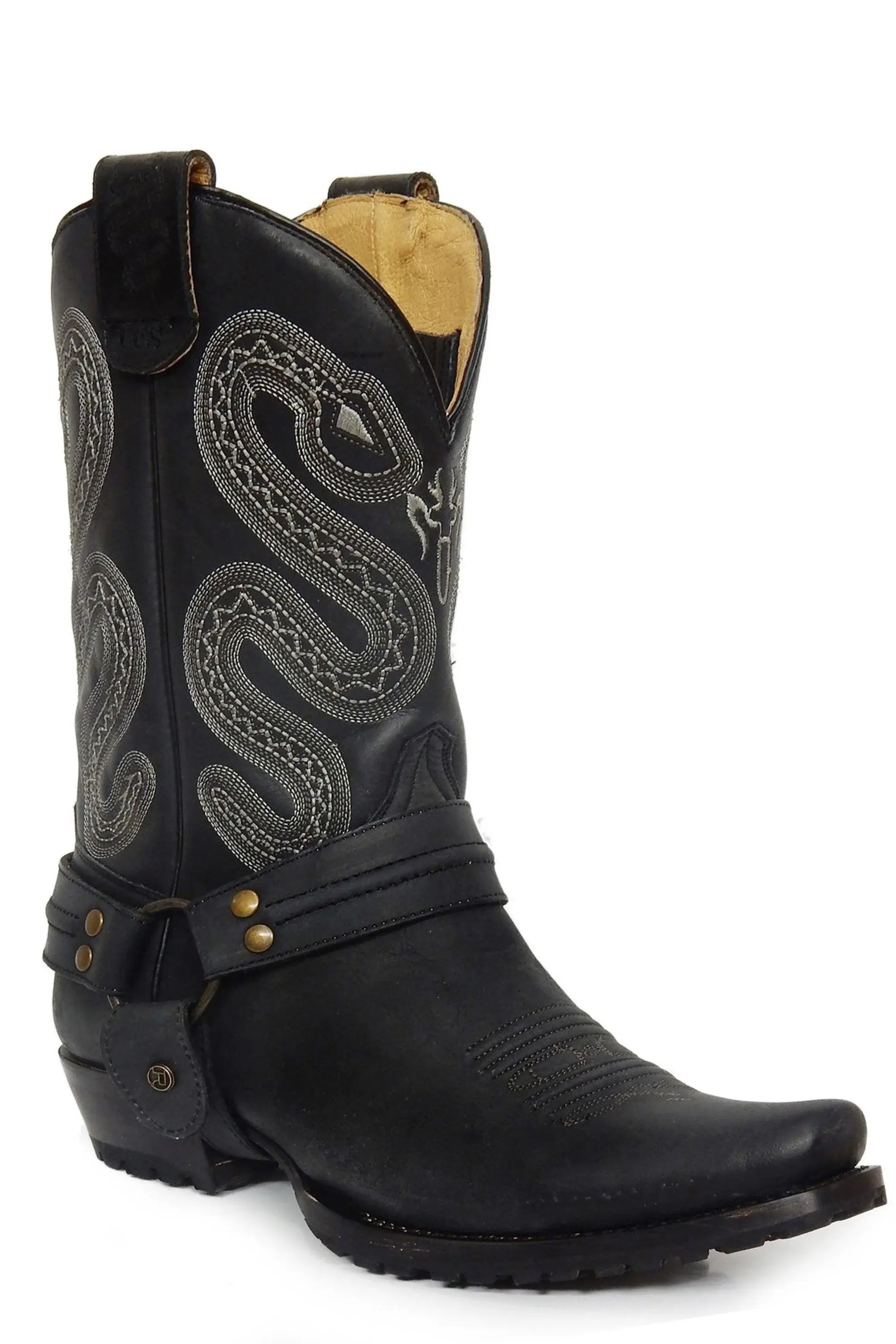ROPER MENS LEATHER CONCEALED CARRY HARNESS BOOT ALL OVER MATTE BLACK WITH SIDEWINDER EMBROIDERED ON UPPER - Roper - Flyclothing LLC
