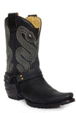 ROPER MENS LEATHER CONCEALED CARRY HARNESS BOOT ALL OVER MATTE BLACK WITH SIDEWINDER EMBROIDERED ON UPPER - Roper