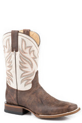 Roper Mens Burnished Brown Leather Vamp Square Toe Boot With Crackle White Leather Shaft