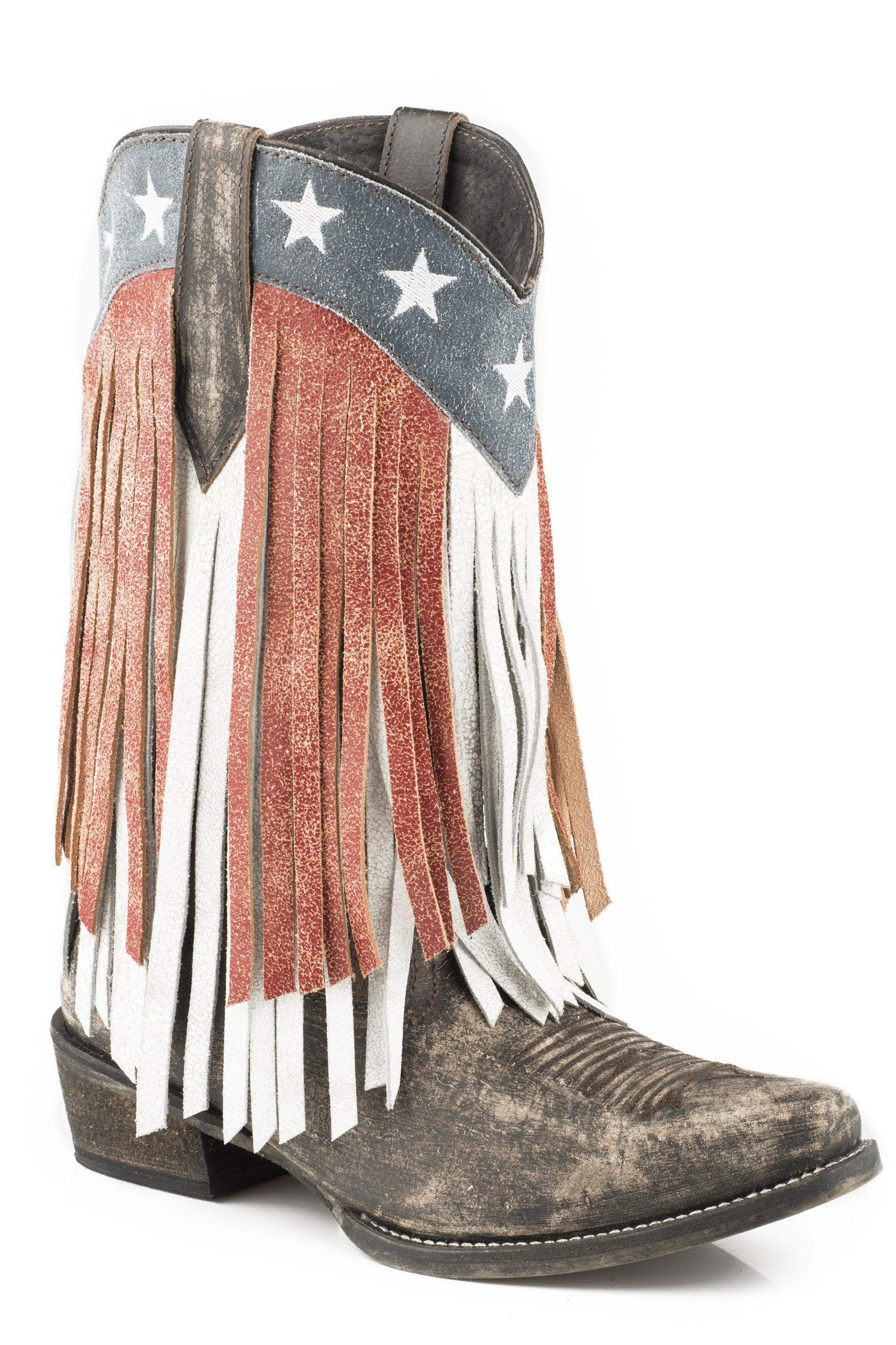 ROPER WOMENS LEATHER COWBOY BOOT SANDED VINTAGE BROWN VAMP WITH RED AND WHITE FRINGE AND STAR CROWN - Roper - Flyclothing LLC