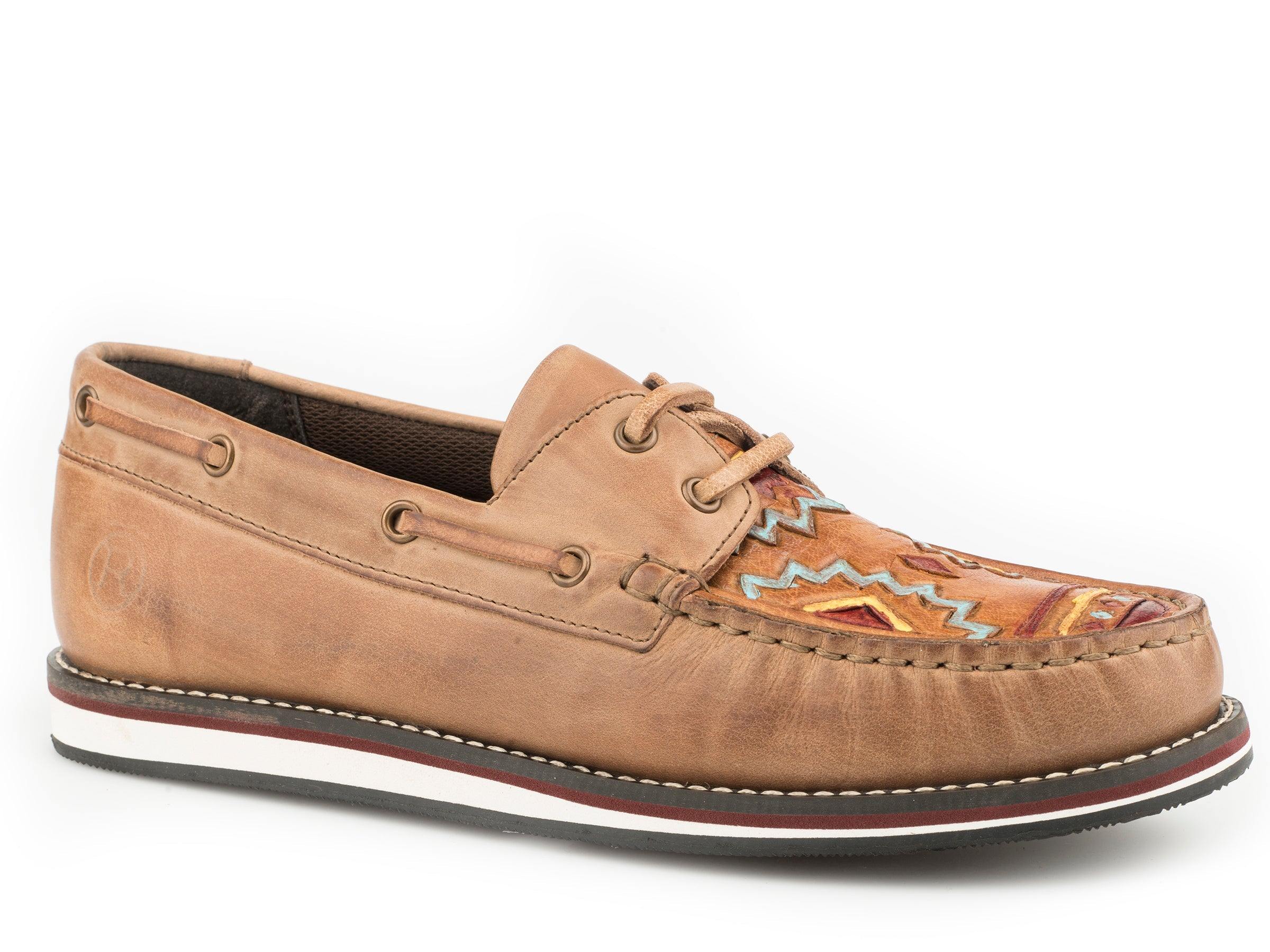 Roper Womens Lace Up Moccasin Tan Burnished Leather With Handtooled Aztec Vamp - Roper