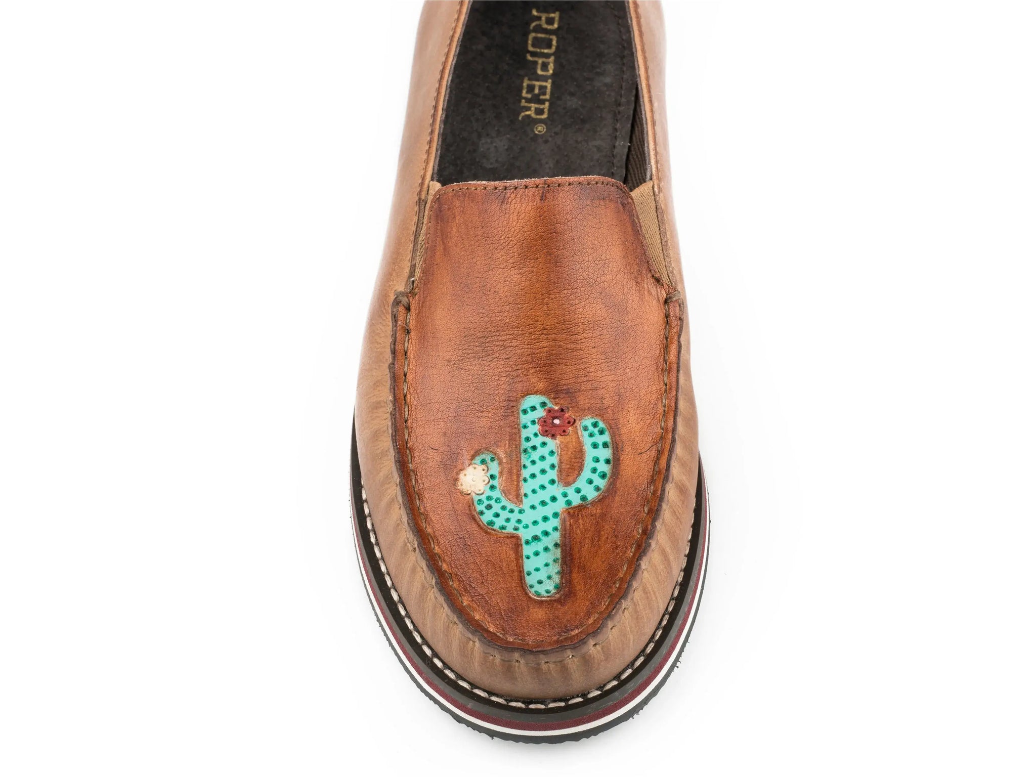 Roper Womens Slip On Moccasin Tan Burnished Leather With Handtooled Cactus Vamp - Roper - Flyclothing LLC