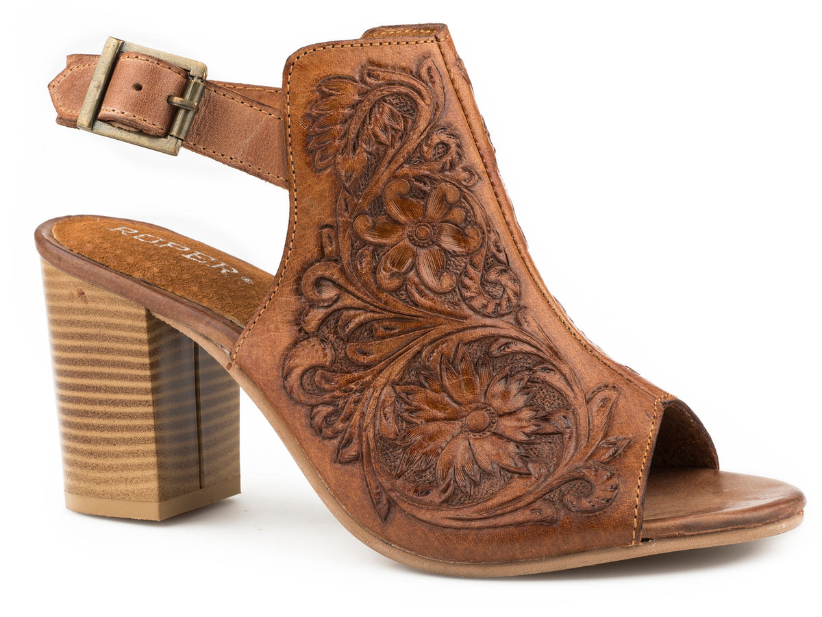 Roper Womens Fashion Mule Tan Floral Tooled Leather With Open Toe And Back Strap