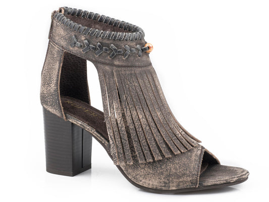 Roper Womens Sanded Brown Leather With Fringe Fashion Open Toe Mule - Roper