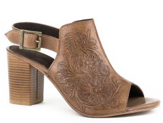 Roper Womens Fashion Mule Beige Floral Tooled Leather With Open Toe And Back Strap - Roper
