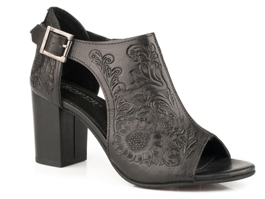 Roper Womens Black Floral Tooled Leather Fashion Open Toe Sandal - Roper